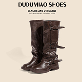 嘟嘟喵褶皱裤 管靴长靴女加宽机车靴中筒靴长筒靴长靴42大码