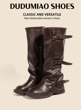 嘟嘟喵褶皱裤管靴长靴女加宽机车靴中筒靴长筒靴长靴42大码41-43