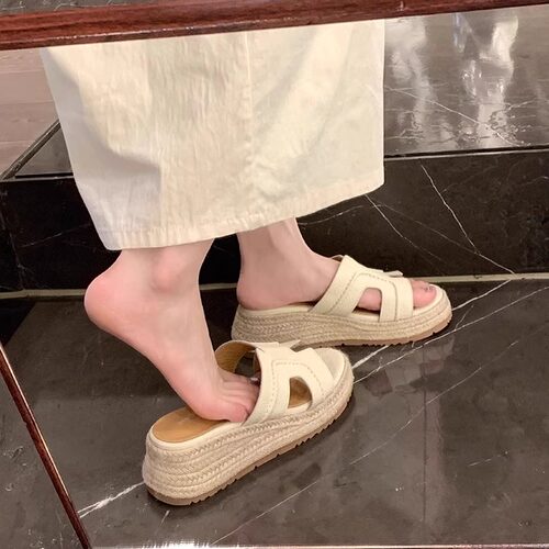 露丝同款H凉拖女绝美凉鞋增高6cm拖鞋复古一字厚底坡跟2025夏季