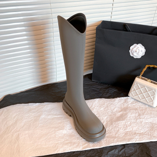 法式 后拉链长筒靴粗腿 英伦风长靴女V口磨砂厚底小腿粗高筒靴大码