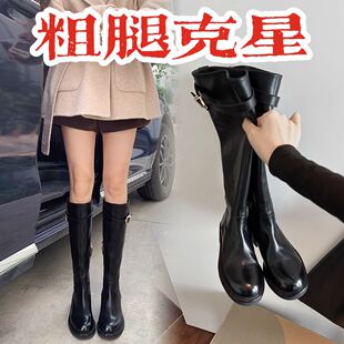 平口复古长靴女骑士靴显瘦厚底长筒靴加绒加宽长靴胖mm粗腿高筒靴