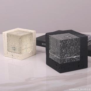 侘寂风摆件仿洞石正方形水晶摆设轻奢民宿酒店样板房博古架转饰品