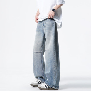 美式复古阔腿弯刀牛仔裤男夏季潮牌水洗休闲裤子垂感宽松免烫长裤