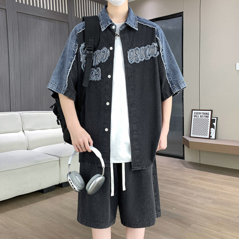 美式高街拼色牛仔短袖衬衫套装男夏季新款宽松休闲短裤两件套男潮
