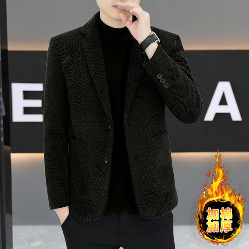 毛呢西装男秋冬季加棉加厚2024新款成熟商务休闲小西服上衣单件潮