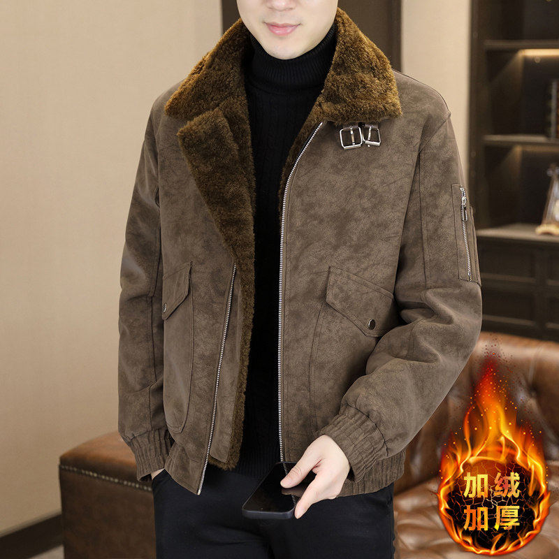 冬季新款仿皮毛一体皮衣男士加绒加厚保暖休闲翻毛领皮夹克外套潮