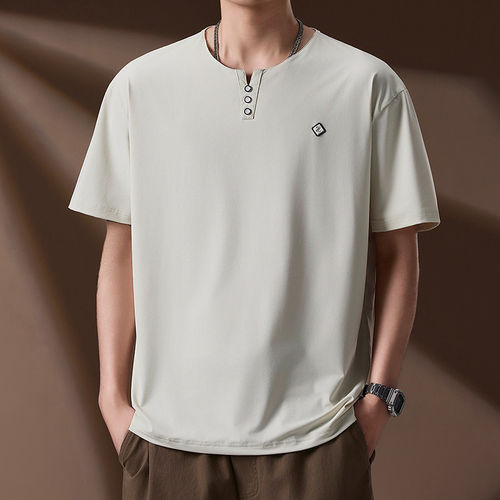 冰丝复古剪刀领短袖T恤男夏季潮牌亨利衫高级感Polo衫男半袖上衣