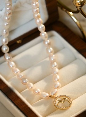 小红书光芒万丈气质淡水珍珠圆牌项链优雅可调节2022年新款锁骨链