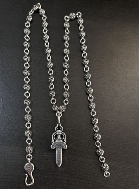 CH克罗伈复古十字花球双面宝剑吊坠情侣欧美鱼钩一体链男女款项链