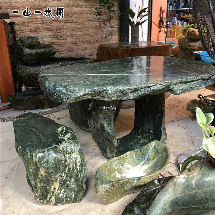 院子石头桌子石雕复古绿石材台子花园装饰休息茶台露台石墩子桌面