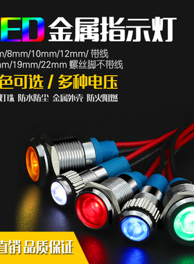 6/8/10/12/16/19/22mm金属指示灯LED带线防水信号工作电源12V220V