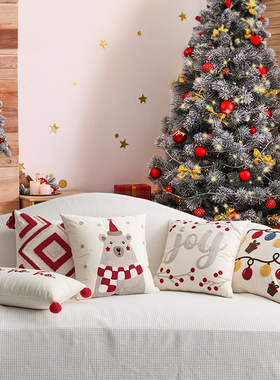 圣诞节抱枕靠垫客厅沙发床头靠枕套ins装饰刺绣红色小熊灯笼haha