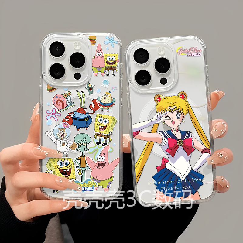 美少女战士卡通海绵宝宝适用于苹果17promax手机壳卡通13新款15promax亚克力12pro/14/16软边硬壳三星S24/S25
