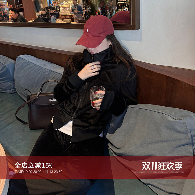 CHU楚妞[墨染]醋酸弹力套装2026春季新款女宽松上衣裤子两件套