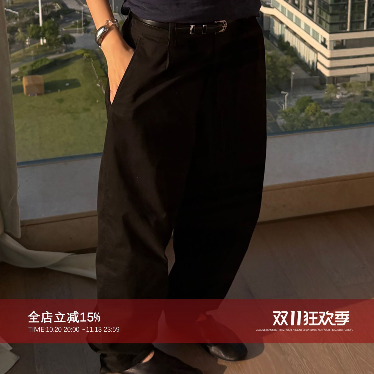 CHU楚妞【标杆】四角标黑色手工缝线工装裤宽松显瘦休闲阔腿长裤