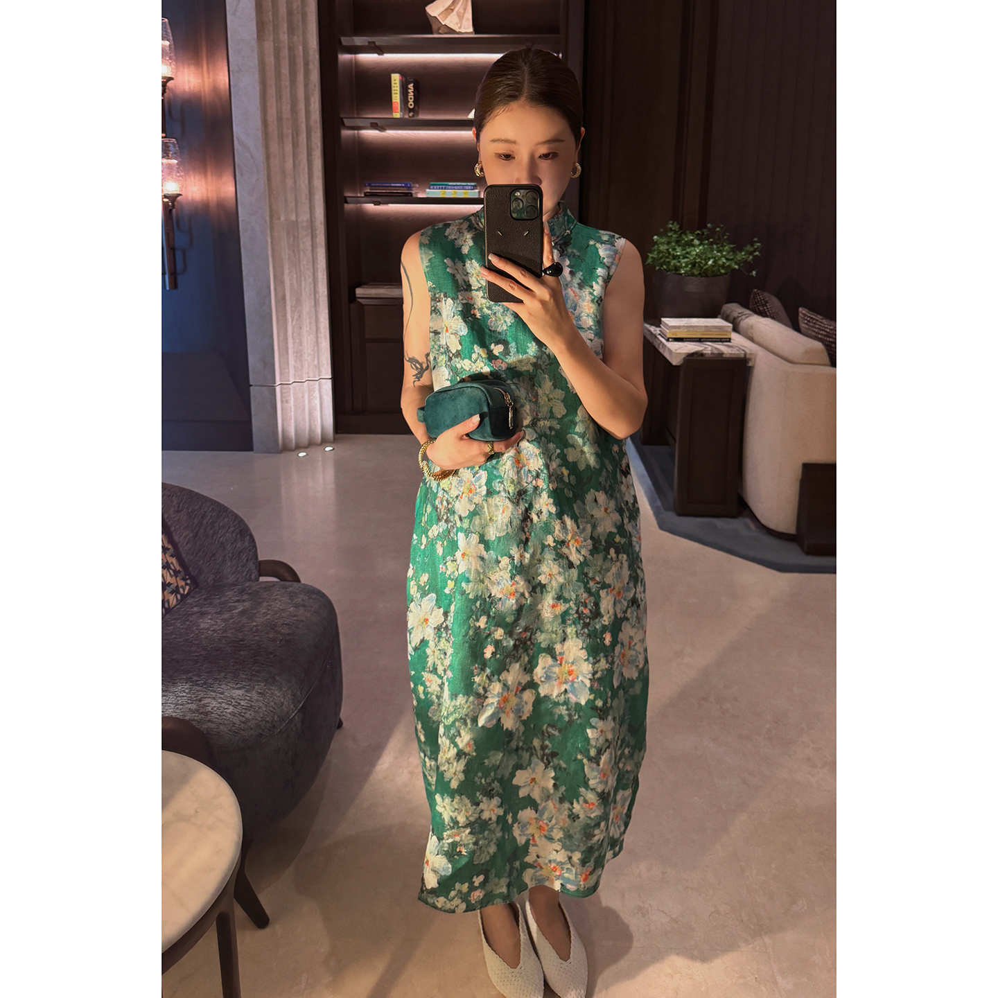 CHU楚妞[绿笺]亚麻水墨印花背心连衣裙2025夏季新款女度假风裙子