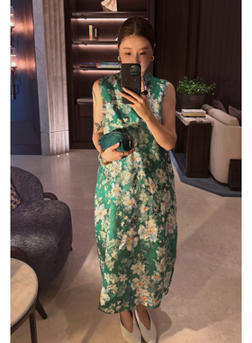 CHU楚妞[绿笺]亚麻水墨印花背心连衣裙2025夏季新款女度假风裙子