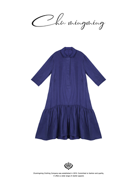 CHU楚妞铜氨丝娃娃领拼接缩褶连衣裙2026夏季新款女法式浪漫裙子