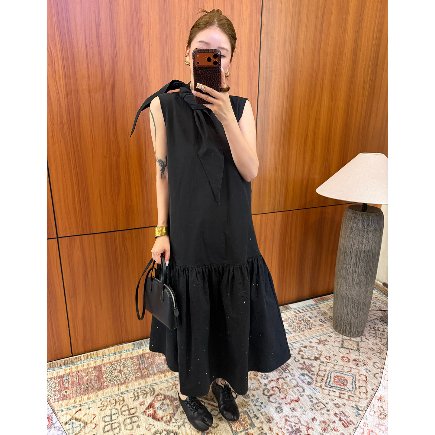 CHU楚妞[星禾]纯棉抽褶烫钻A字背心连衣裙2026夏季新款女小黑裙子