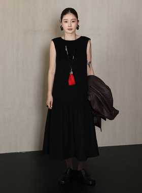 CHU楚妞[普罗]丝羊毛褶皱圆领连衣裙2026春季新款女长款背心裙子