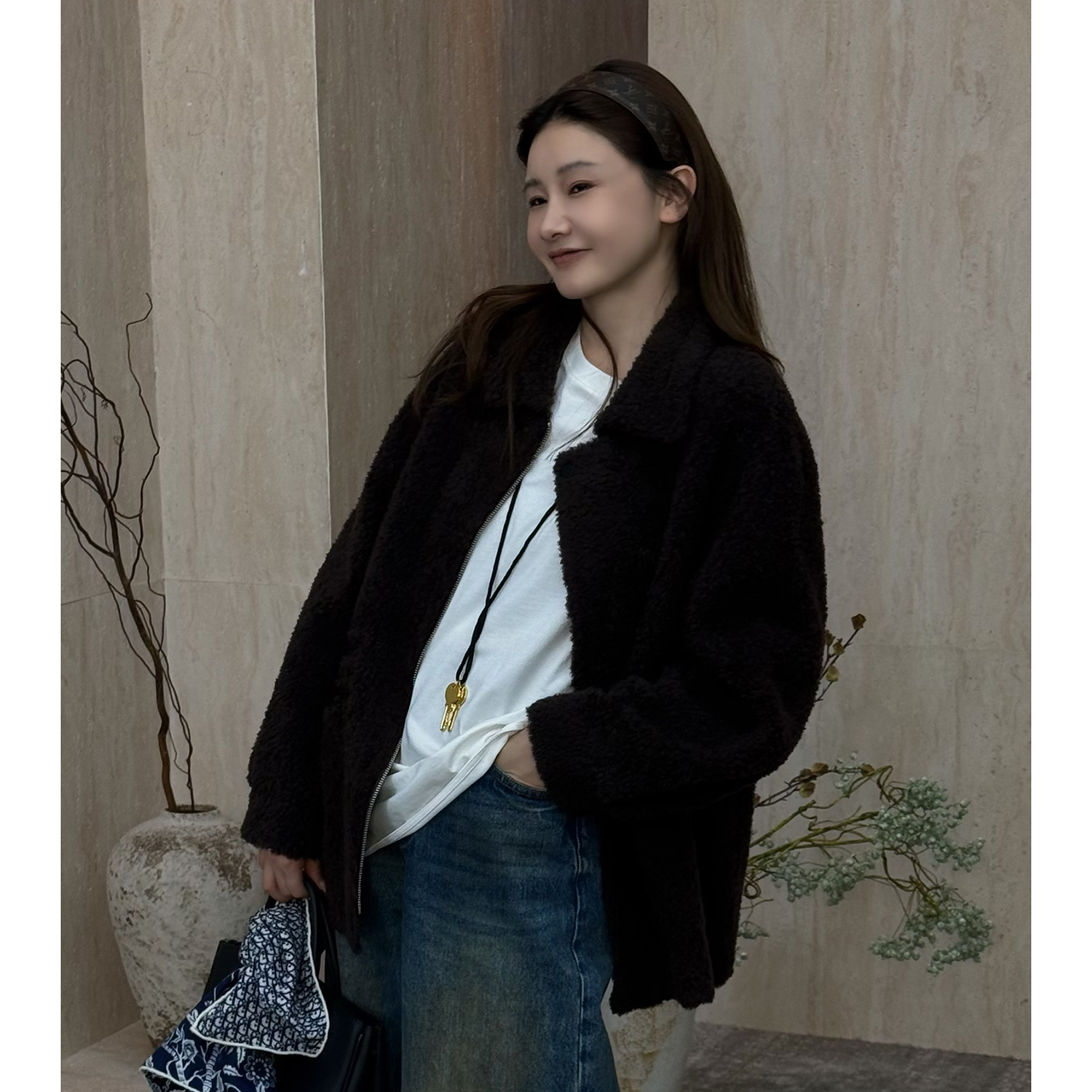 羊羔毛翻领线袋老钱风短外套