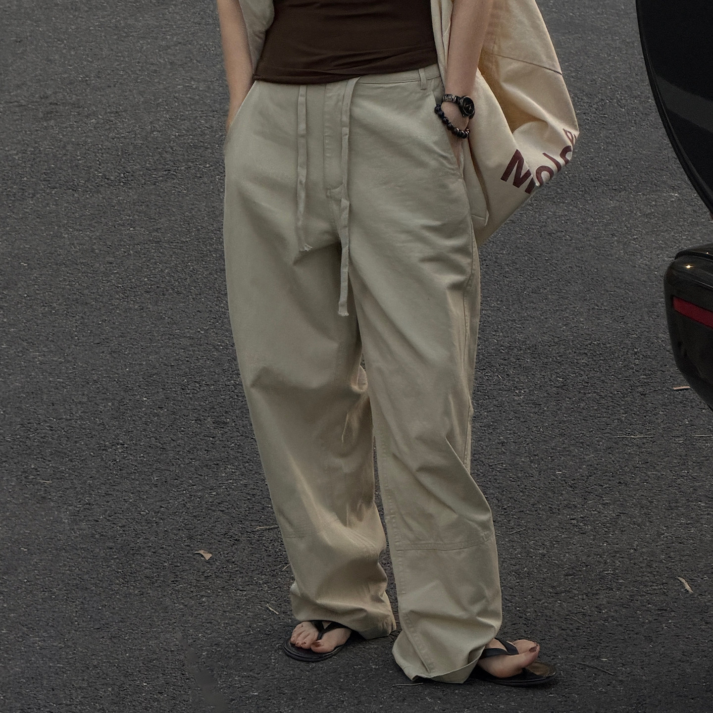 CHU楚妞[系闲]纯棉水洗抽绳休闲长裤2026春季新款女百搭阔腿裤子