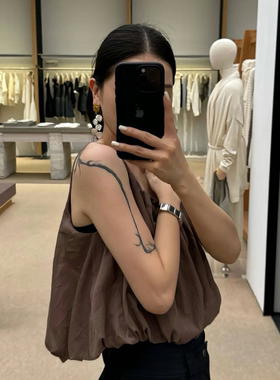 CHU楚妞[冰茶]纯棉缩褶无袖吊带背心2026夏季新款女法式浪漫上衣