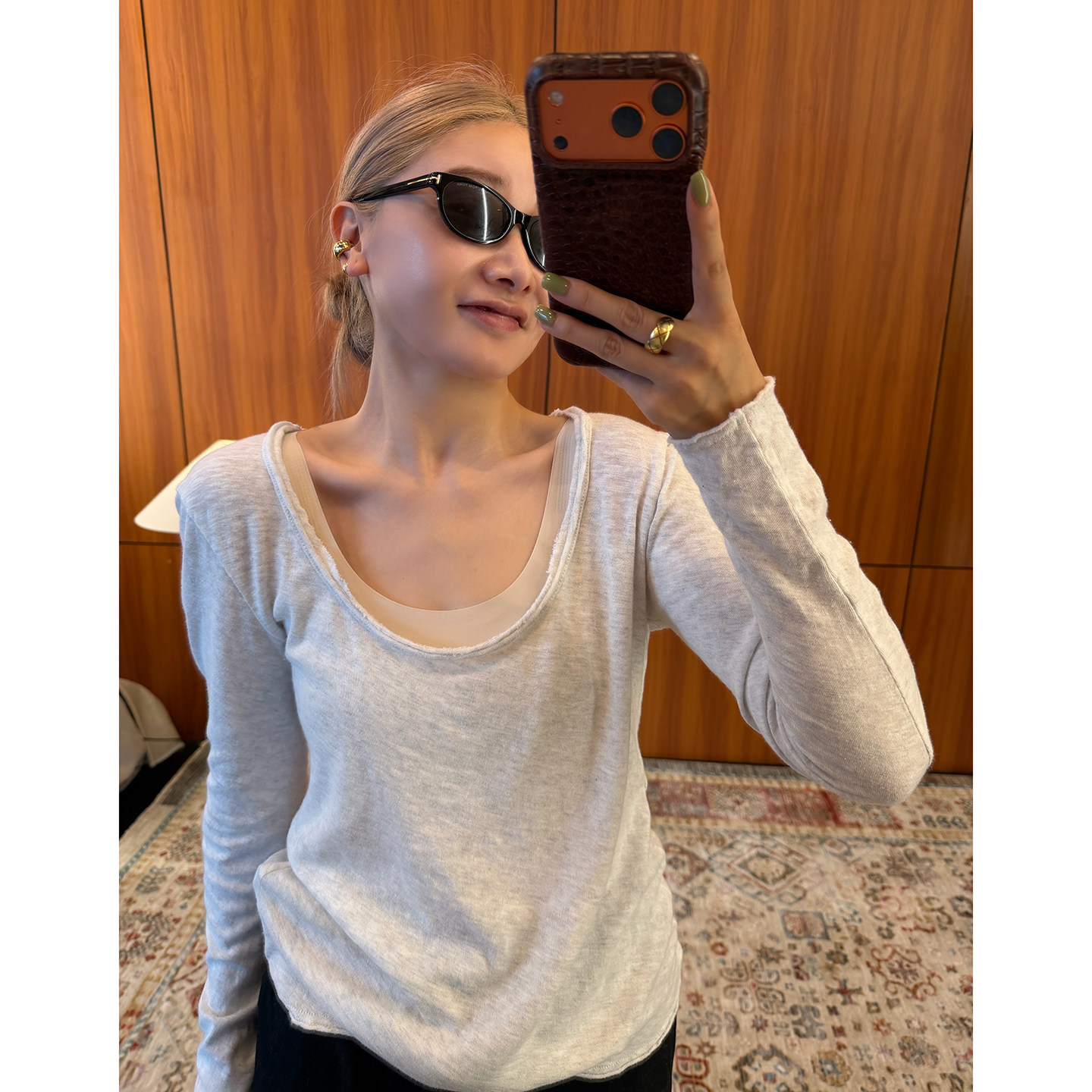 CHU楚妞[清蓝]长绒棉定染素色长袖2026新款女装休闲运动T恤上衣