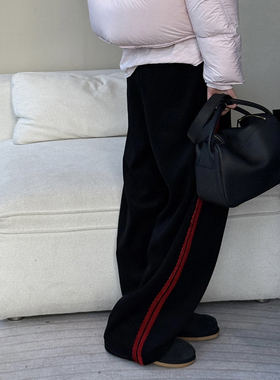 CHU楚妞[松线]天丝羊毛拼条休闲长裤2026春季新款女直筒阔腿裤子