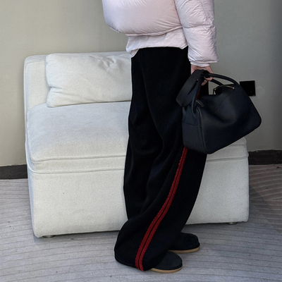 天丝羊毛拼条休闲直筒阔腿长裤
