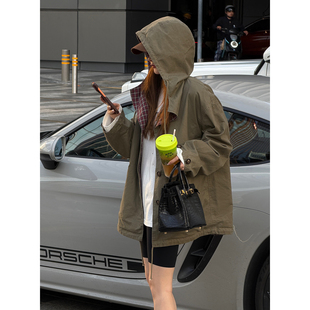 CHU楚妞[营格]纯棉洗水双面穿短款格纹风衣2026春季新款女外套