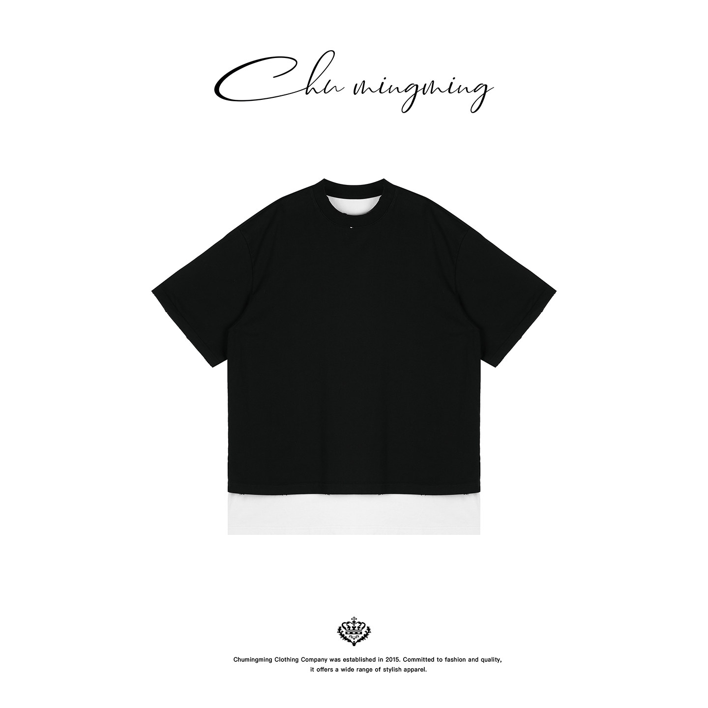 CHU楚妞[叠影]重磅纯棉印花假两件撞色短袖T恤2026夏季新款女上衣