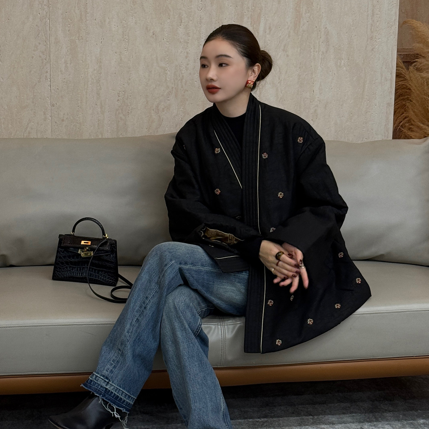 CHU楚妞[墨韵牡丹]香云纱重工刺绣2026春季新款女国风中式短外套,女装/女士精品,短外套,淘宝优惠券,粉丝福利购,淘宝优惠卷