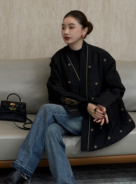 CHU楚妞[墨韵牡丹]香云纱重工刺绣2026春季新款女国风中式短外套