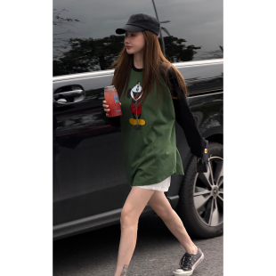 新款 CHU楚妞 T恤2026春季 纯棉米奇歌唱印花撞色长袖 女上衣 歌奇