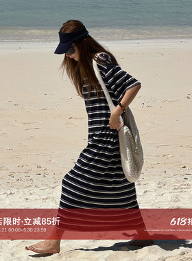 CHU楚妞[漫纹]女士条纹长款短袖连衣裙2026夏季新款女慵懒风T恤裙