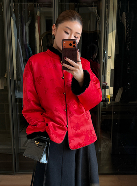 CHU楚妞[墨红]水貂毛皮草毛领鹅绒羽绒服2025冬季新款女中式外套