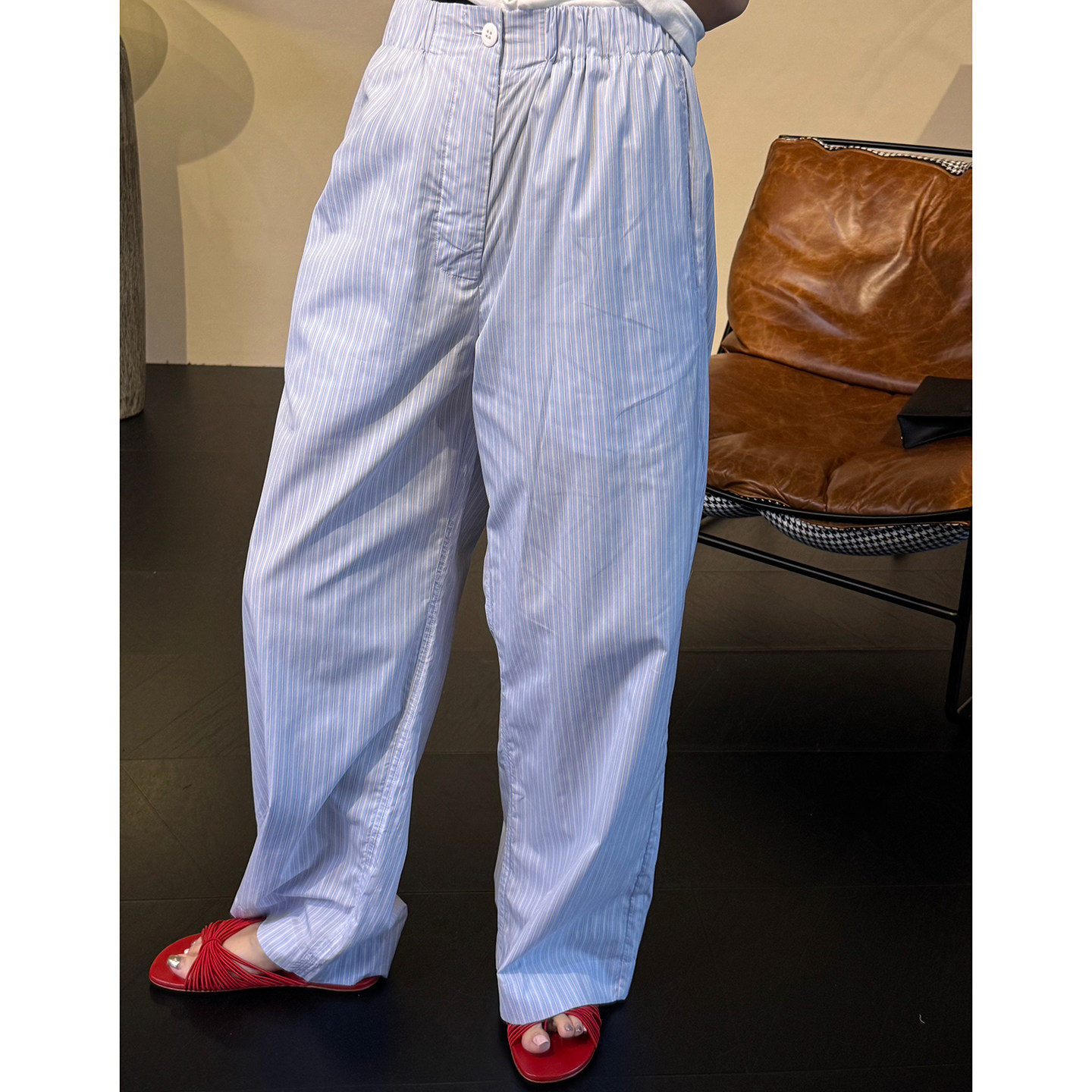 CHU楚妞纯棉竖条纹休闲长裤2026夏季新款女慵懒风直筒阔腿裤子