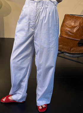 CHU楚妞纯棉竖条纹休闲长裤2026夏季新款女慵懒风直筒阔腿裤子