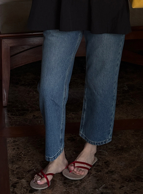 CHU楚妞][蓝棵]纯棉水洗九分牛仔休闲裤2026夏季新款女直筒裤子