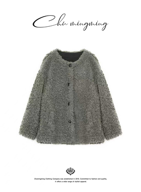 CHU楚妞[岚影]仿羊羔毛单排扣短外套2025冬季新款女保暖开衫外套