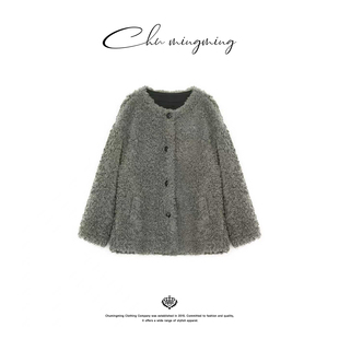 女保暖开衫 CHU楚妞 新款 仿羊羔毛单排扣短外套2025冬季 外套 岚影
