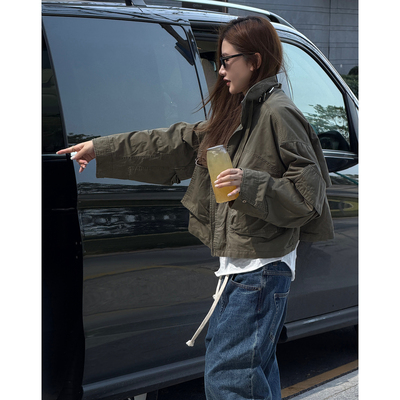 AW纯棉立领口袋做旧短外套夹克