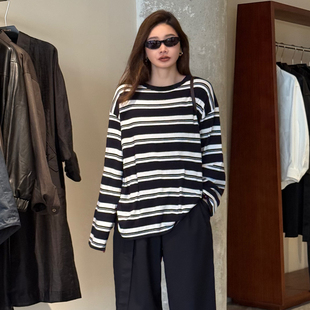 CHU楚妞[宽叙]纯棉条纹轻薄长袖T恤2026春季新款女宽松百搭上衣