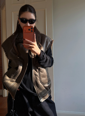 CHU楚妞[鹭几]绵羊毛皮质马甲2025秋冬季新款女机车风夹克外套