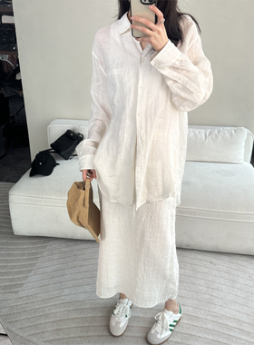 CHU楚妞[绿格]亚麻直筒松紧腰半裙2026春季新款女法式优雅裙子