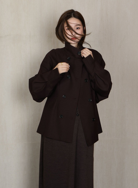 CHU楚妞[绛影]羊毛双排扣毛呢外套2026春季新款女缩褶收腰大衣