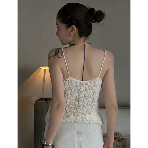 夏季纯棉麻花法式度假风吊带背心