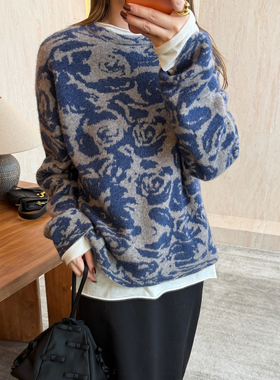 CHU楚妞[雾玫]羊毛牦牛毛提花针织衫2025秋冬季新款女毛衣上衣