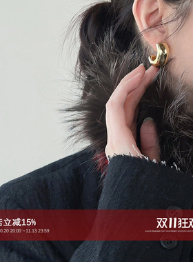 CHU楚妞欧美高级感金属S925银针耳钉春季新款女百搭环形耳环